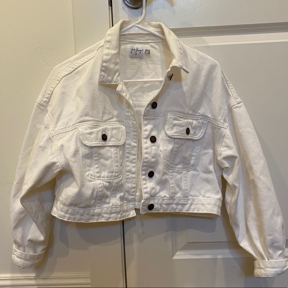 PRINCESS POLLY; White, Denim, Cropped jacket.
